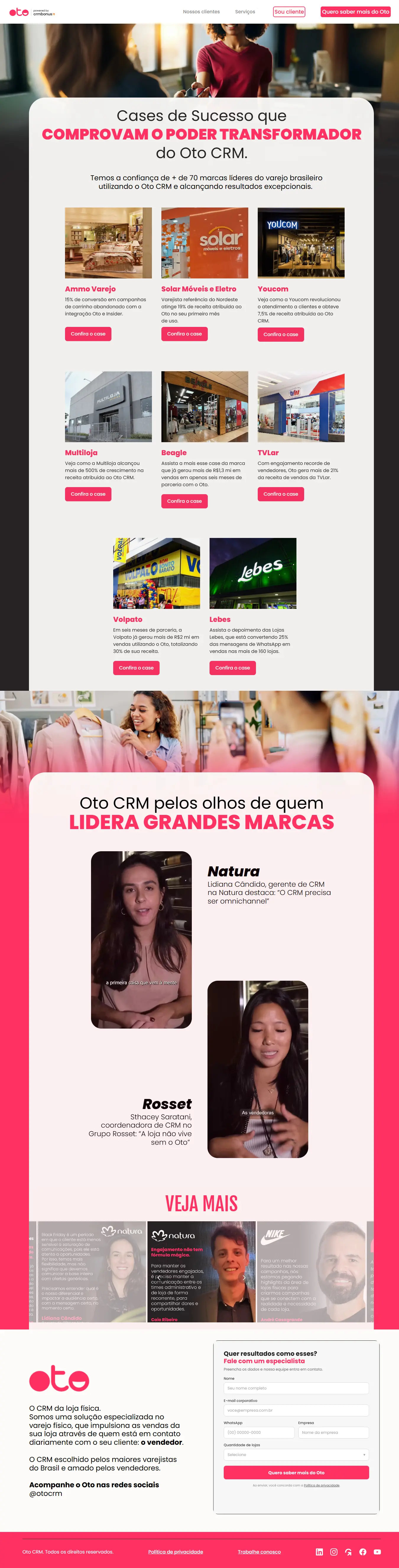 Landing page de prova social da Oto CRM, captura da página inteira
